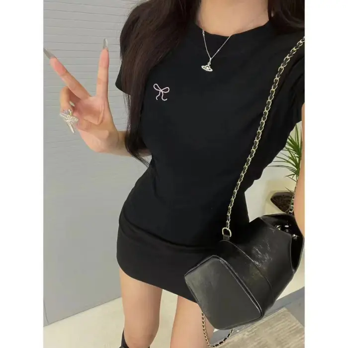Ins Pure Desire Embroidery Summer Slim Short-Sleeved T-Shirt for Women Korean Style Bow Round Neck Contrasting Color Bottoming Top for Women Wholesale