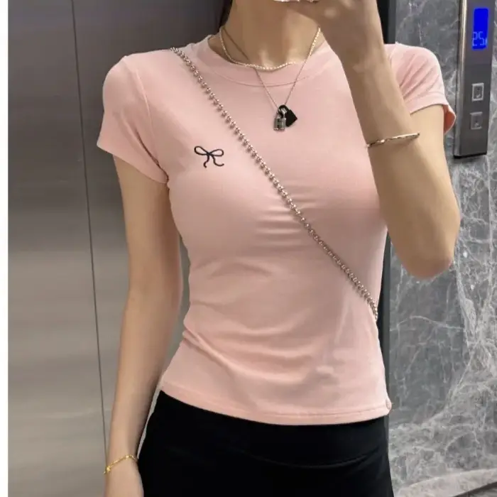 Ins Pure Desire Embroidery Summer Slim Short-Sleeved T-Shirt for Women Korean Style Bow Round Neck Contrasting Color Bottoming Top for Women Wholesale