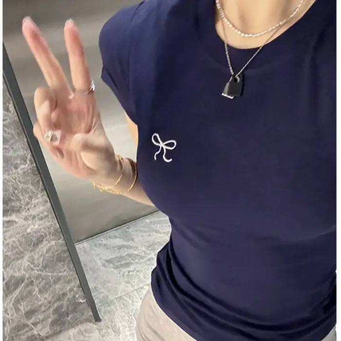 Ins Pure Desire Embroidery Summer Slim Short-Sleeved T-Shirt for Women Korean Style Bow Round Neck Contrasting Color Bottoming Top for Women Wholesale