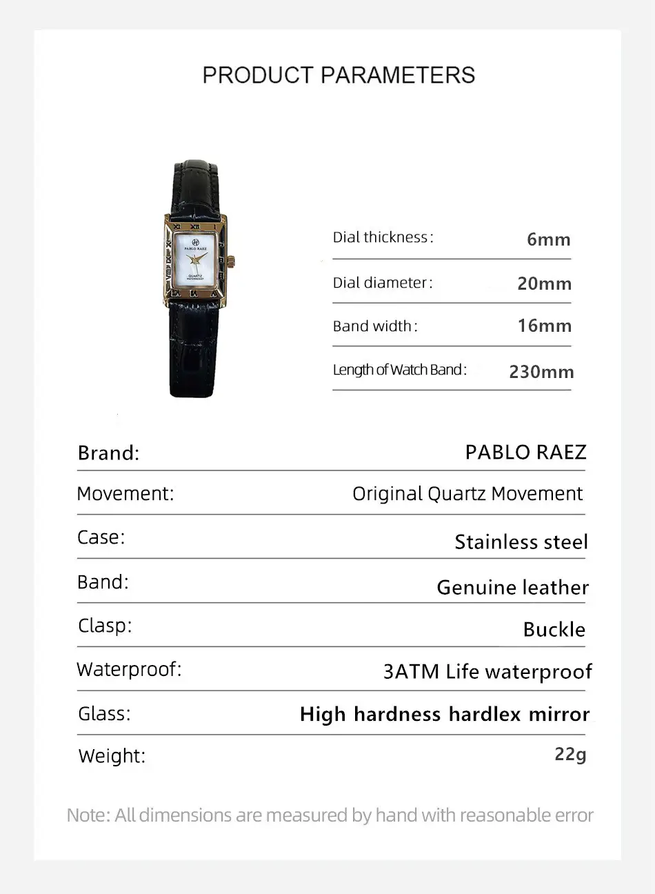 Pablo Raez Square Dial Women's Watch Black Leather Belt — feature 30