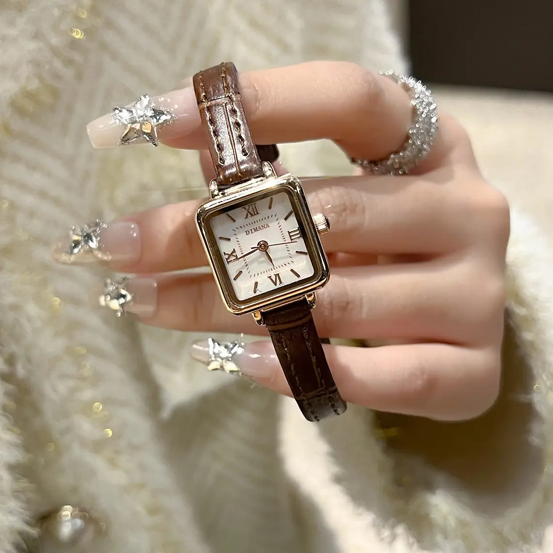 Women's Vintage Square Watch Brown Leather Strap Valentine Gift - Image 4