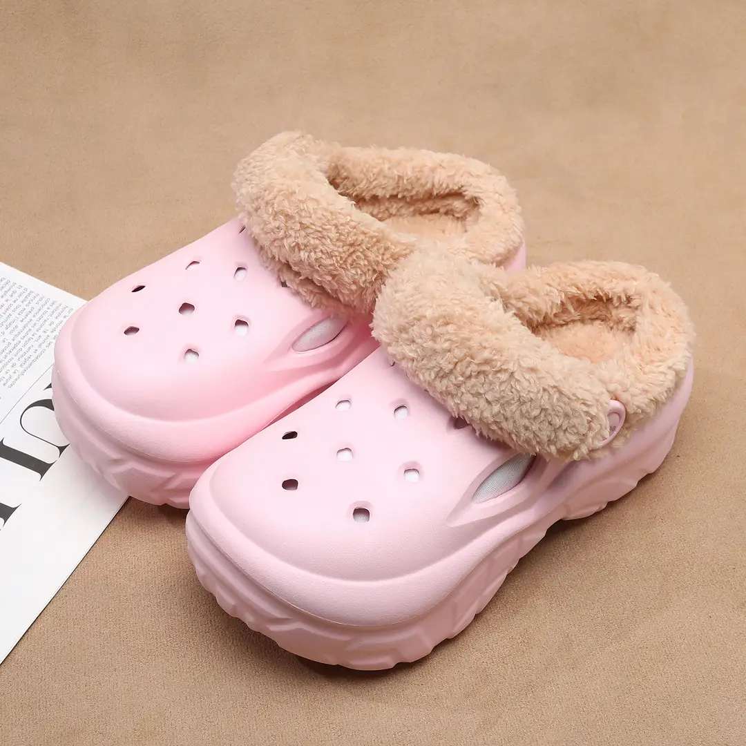 Women's Autumn and Winter Clogs with Plush Lining, Thickened and Warm Cotton Slippers, Height-Increasing Thick-Soled Non-Slip Eva Outdoor Closed-Toe Cotton Shoes Wholesale