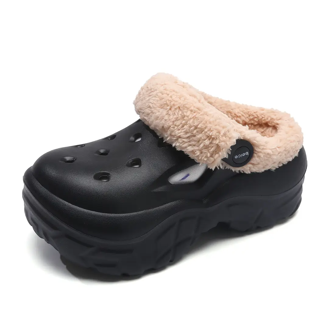 Women's Autumn and Winter Clogs with Plush Lining, Thickened and Warm Cotton Slippers, Height-Increasing Thick-Soled Non-Slip Eva Outdoor Closed-Toe Cotton Shoes Wholesale