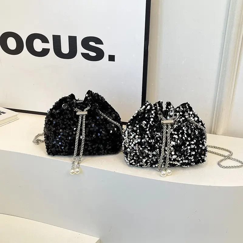 Black Sequin Chain Crossbody Bag for Women