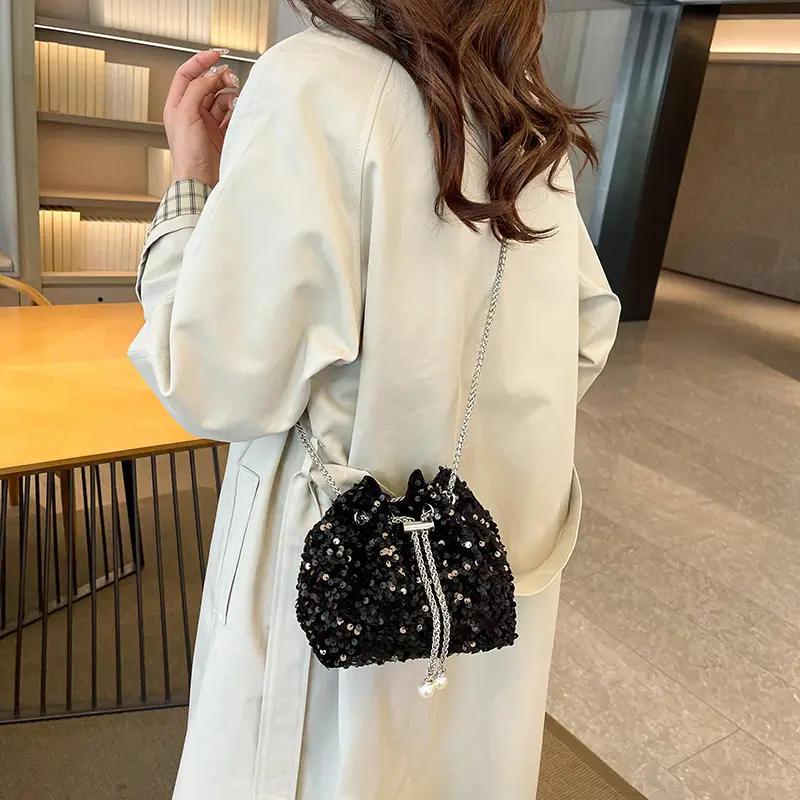 Black Sequin Chain Crossbody Bag for Women
