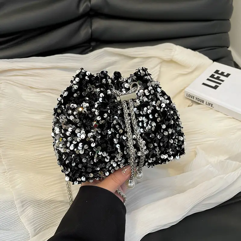 Black Sequin Chain Crossbody Bag for Women