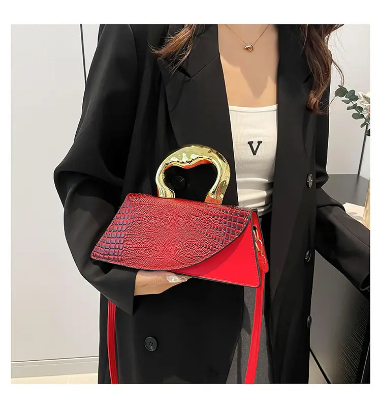 Brown Croc Leather Shoulder Bag with Gold Clasp — feature 13