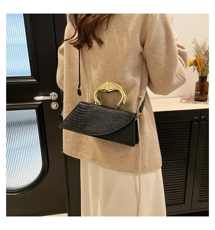Brown Croc Leather Shoulder Bag with Gold Clasp — feature 18