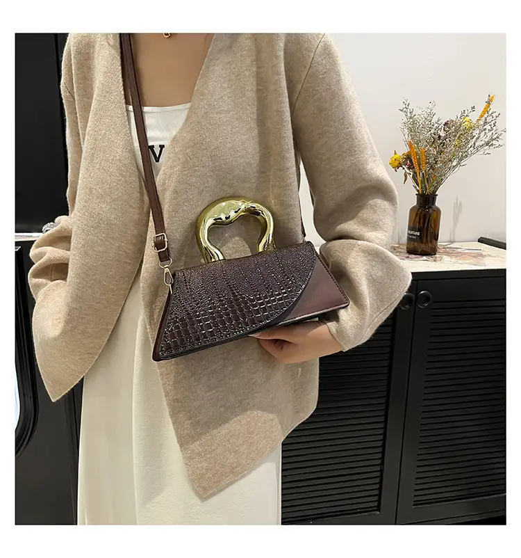 Brown Croc Leather Shoulder Bag with Gold Clasp — feature 19