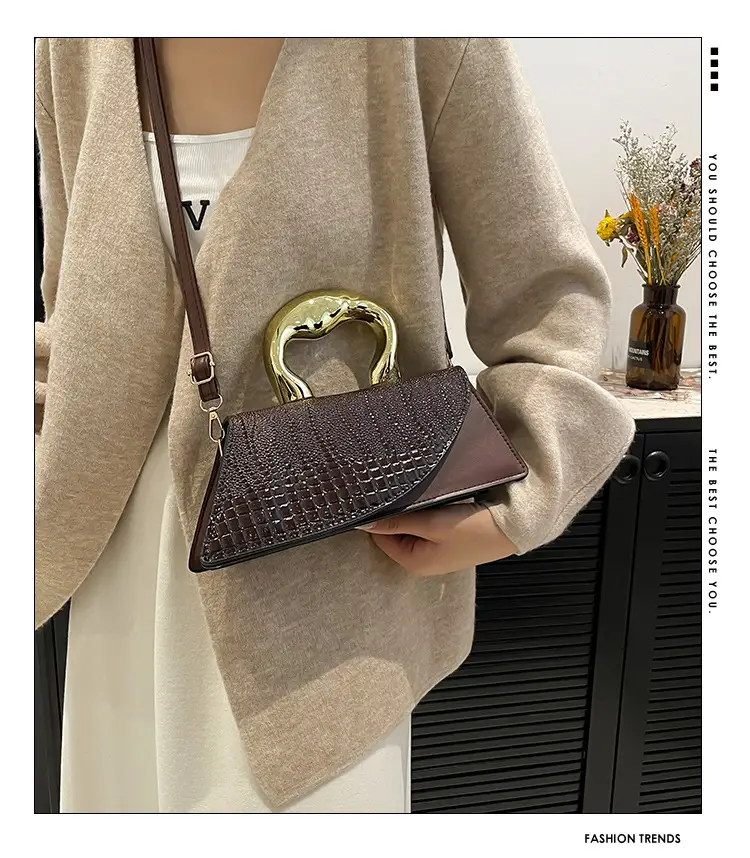 Brown Croc Leather Shoulder Bag with Gold Clasp — feature 2