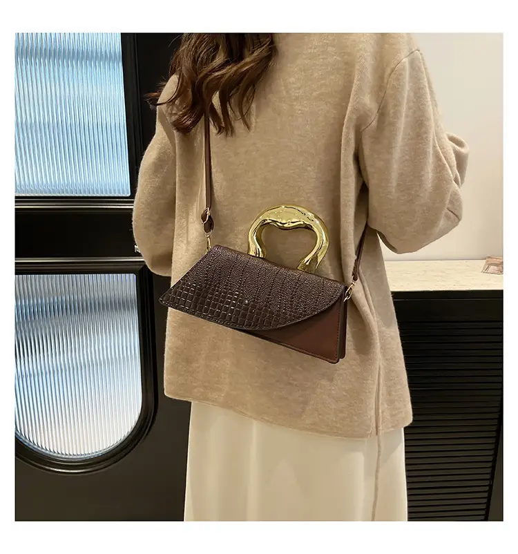 Brown Croc Leather Shoulder Bag with Gold Clasp — feature 20