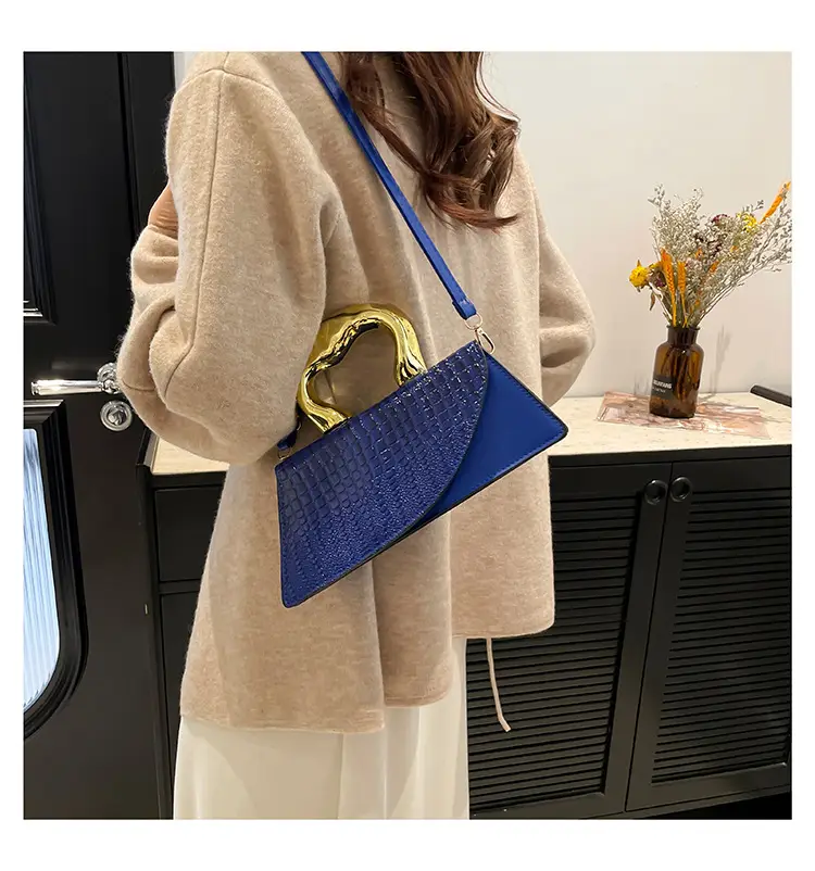 Brown Croc Leather Shoulder Bag with Gold Clasp — feature 21
