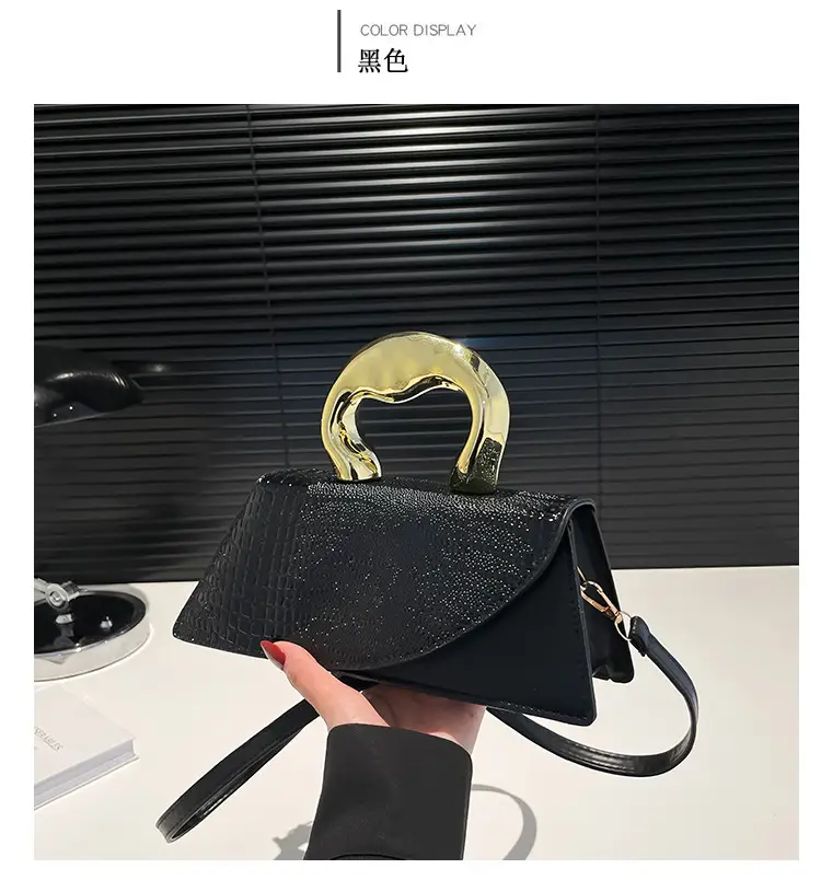 Brown Croc Leather Shoulder Bag with Gold Clasp — feature 23
