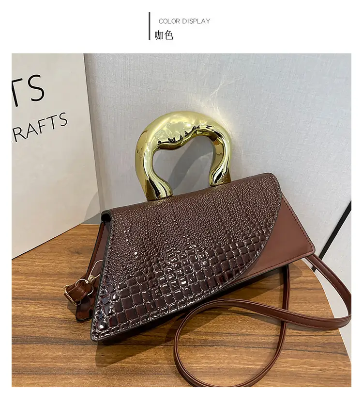 Brown Croc Leather Shoulder Bag with Gold Clasp — feature 26