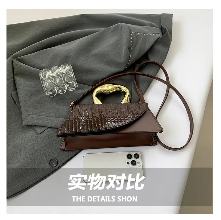 Brown Croc Leather Shoulder Bag with Gold Clasp — feature 7