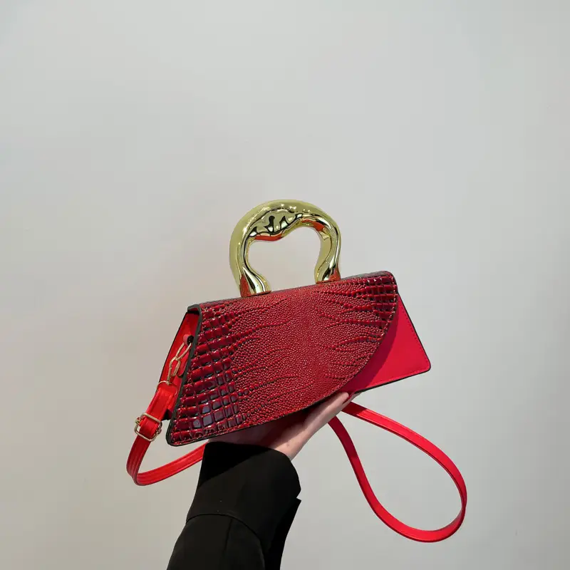 Brown Croc Leather Shoulder Bag with Gold Clasp