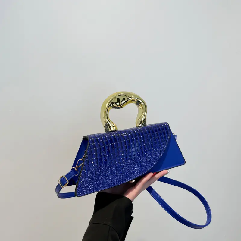 Brown Croc Leather Shoulder Bag with Gold Clasp