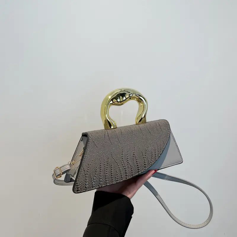 Brown Croc Leather Shoulder Bag with Gold Clasp
