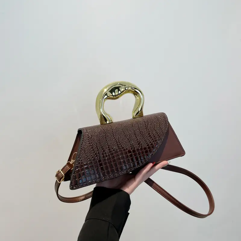 Brown Croc Leather Shoulder Bag with Gold Clasp