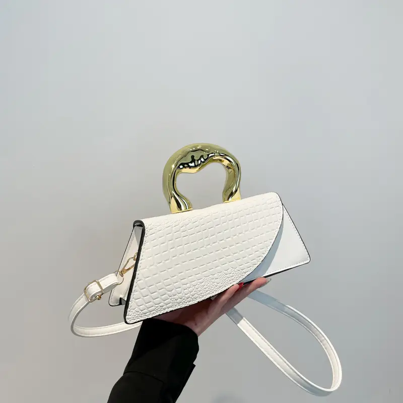 Brown Croc Leather Shoulder Bag with Gold Clasp