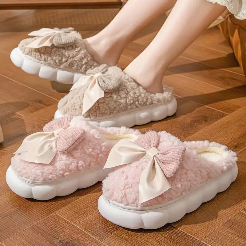 Cotton Slippers Women's Autumn and Winter Moon Indoor Home Non-Slip Thick Bottom Shit-Treading Bowknot Wool Plush Cotton Slippers - Image 2