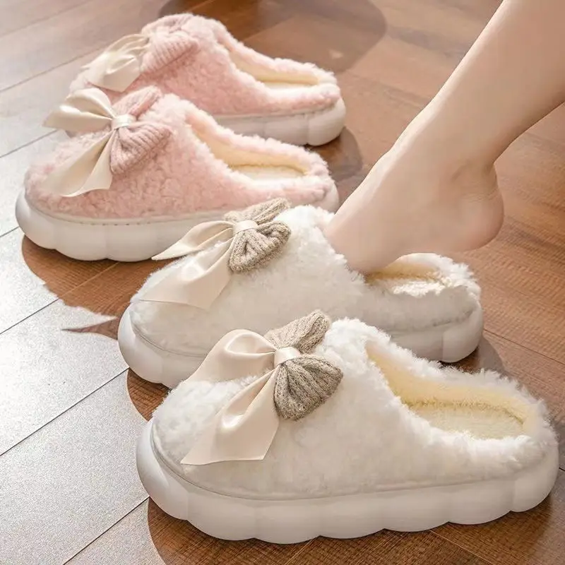 Cotton Slippers Women's Autumn and Winter Moon Indoor Home Non-Slip Thick Bottom Shit-Treading Bowknot Wool Plush Cotton Slippers - Image 3