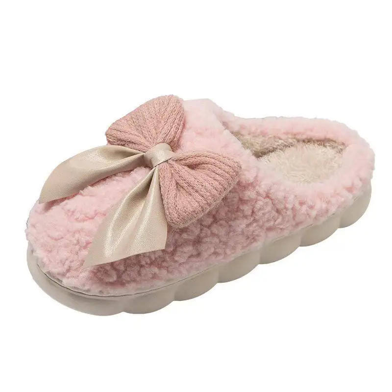Cotton Slippers Women's Autumn and Winter Moon Indoor Home Non-Slip Thick Bottom Shit-Treading Bowknot Wool Plush Cotton Slippers - Image 5