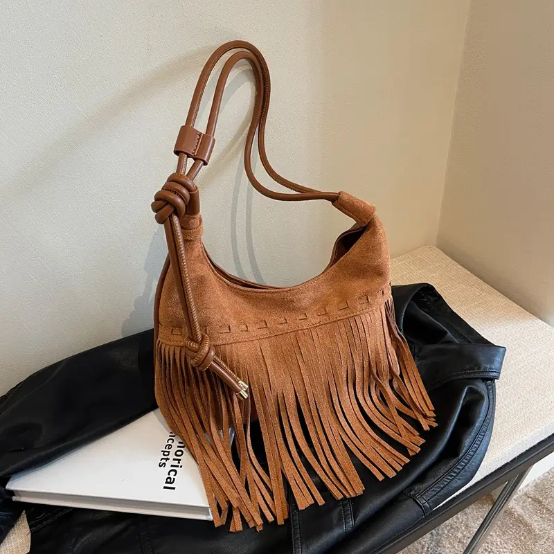 Women's Frosted Tassel Shoulder Bag Brown 2024 - Image 7