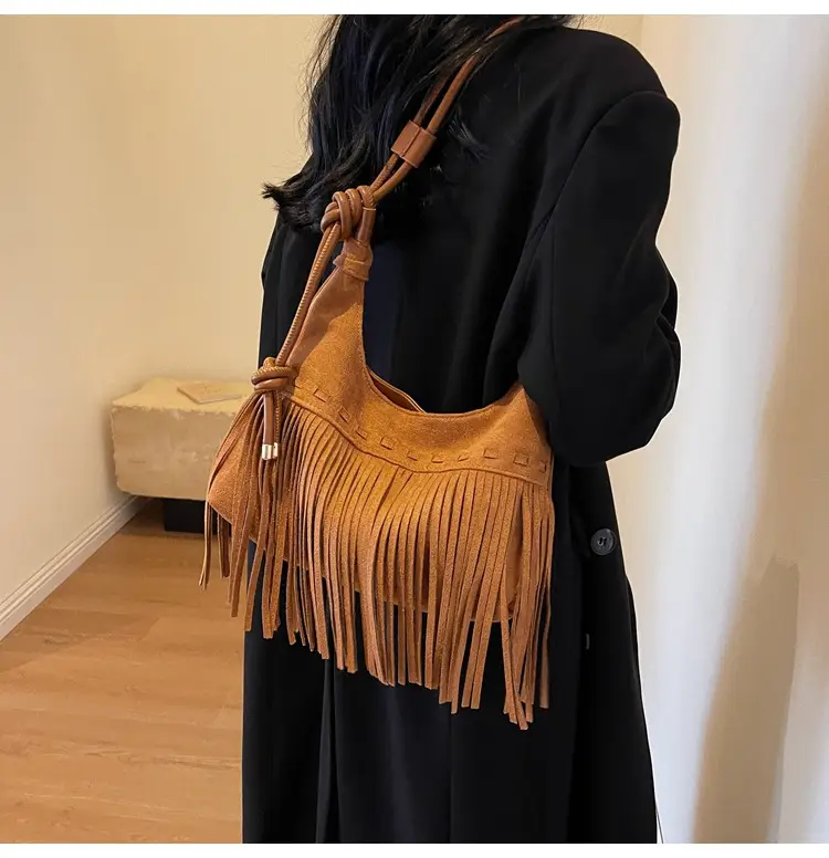 Women's Frosted Tassel Shoulder Bag Brown 2024 — feature 11