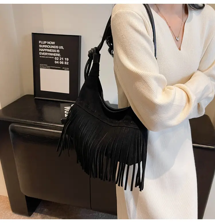 Women's Frosted Tassel Shoulder Bag Brown 2024 — feature 14