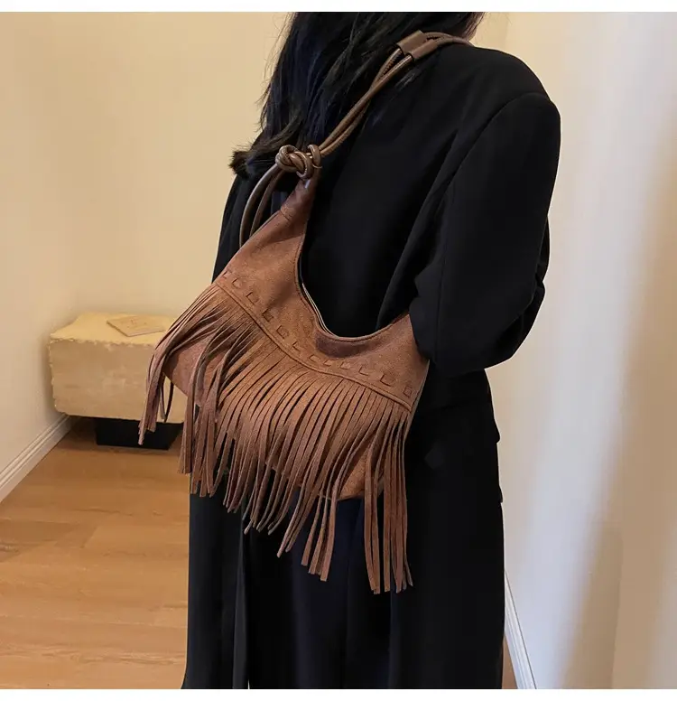 Women's Frosted Tassel Shoulder Bag Brown 2024 — feature 15