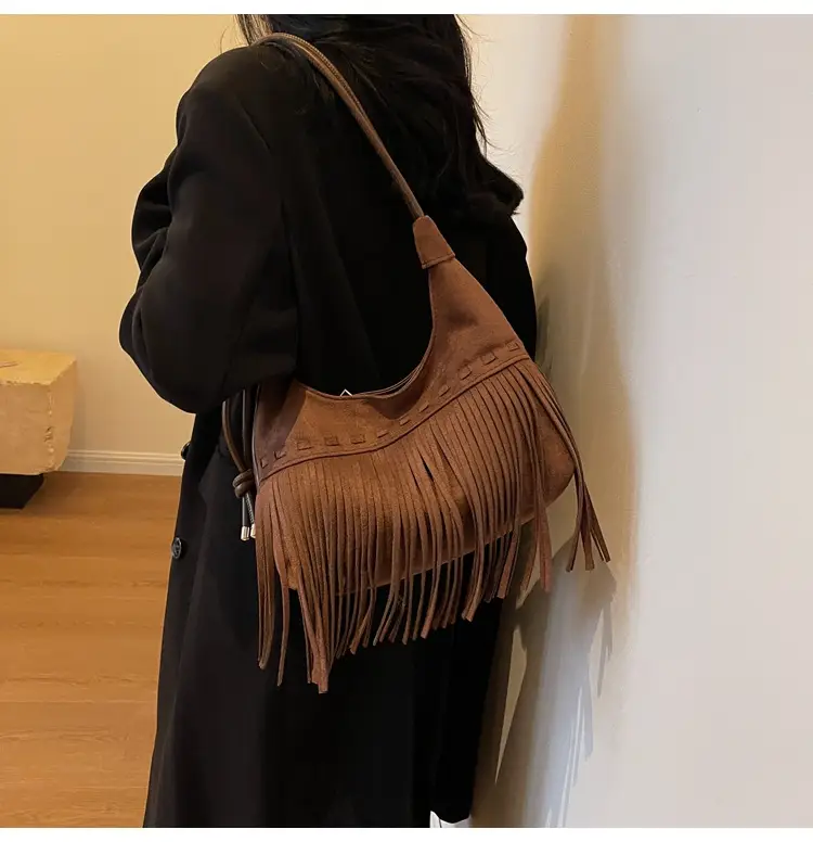 Women's Frosted Tassel Shoulder Bag Brown 2024 — feature 16