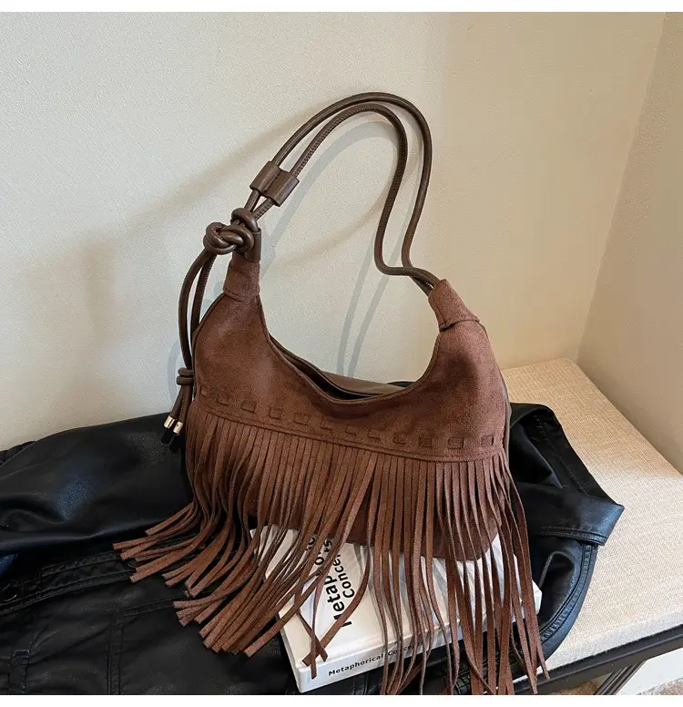 Women's Frosted Tassel Shoulder Bag Brown 2024 — feature 17
