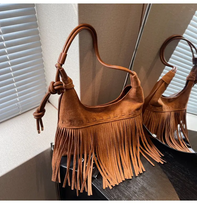Women's Frosted Tassel Shoulder Bag Brown 2024 — feature 19