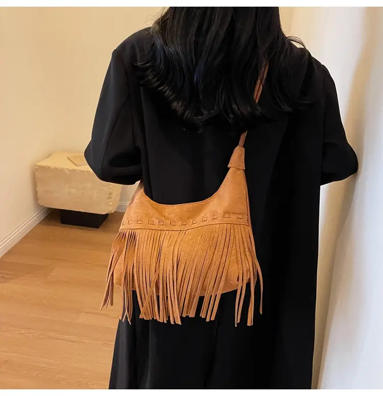 Women's Frosted Tassel Shoulder Bag Brown 2024 — feature 9