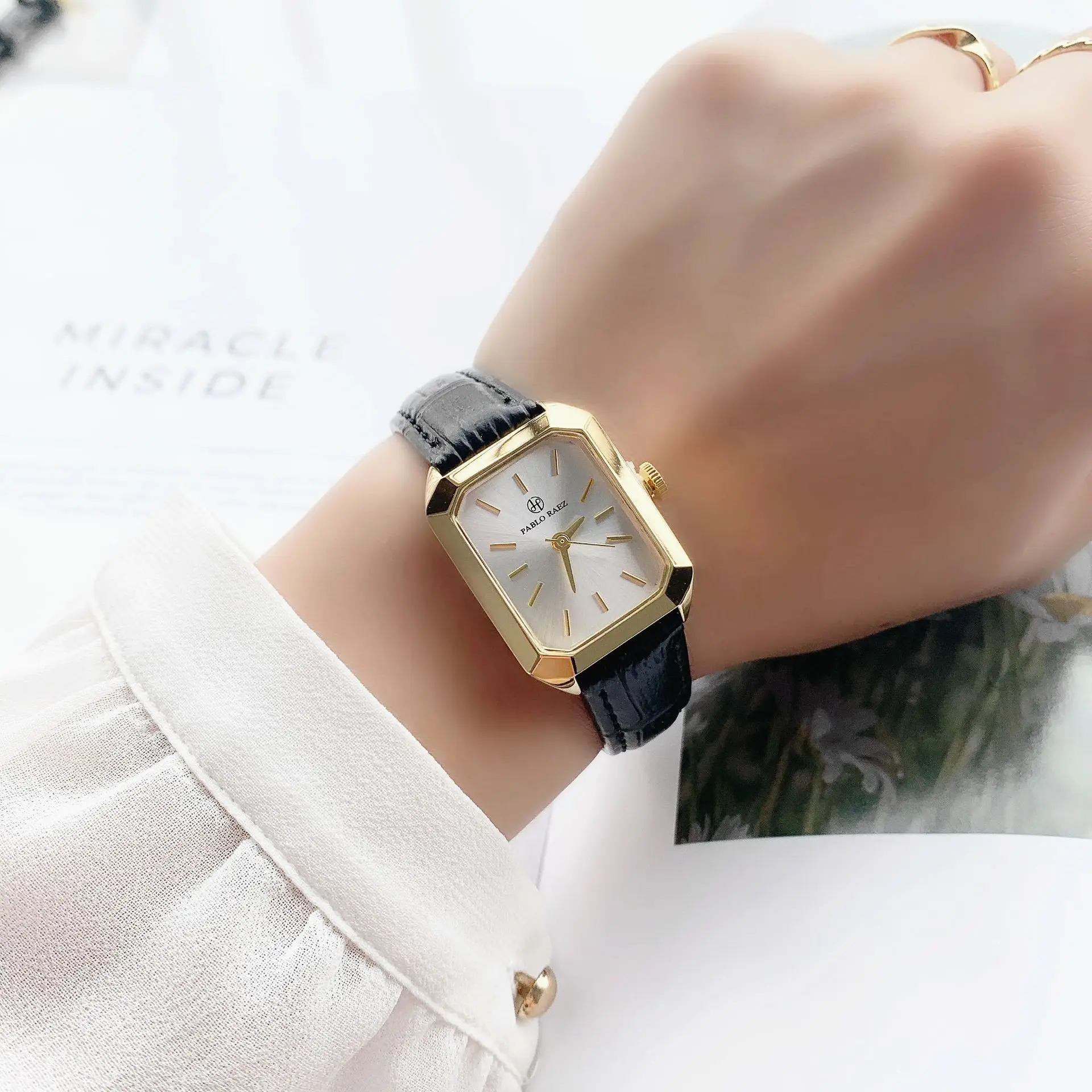 Women's Black Leather Strap Gold Plated Square Watch — feature 13