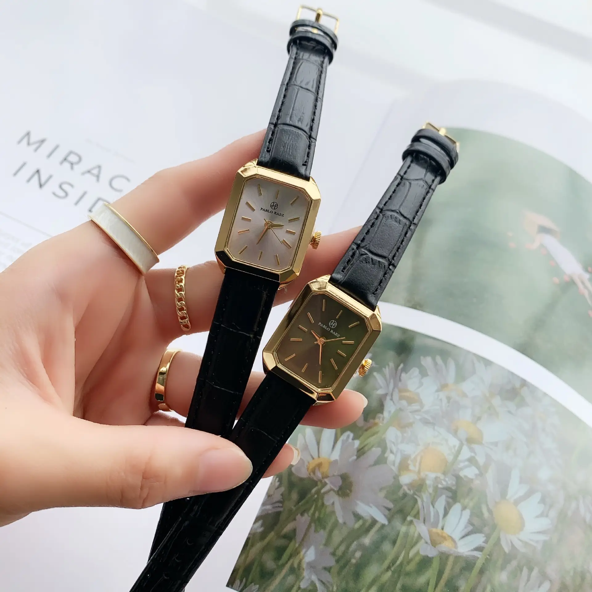 Women's Black Leather Strap Gold Plated Square Watch — feature 18