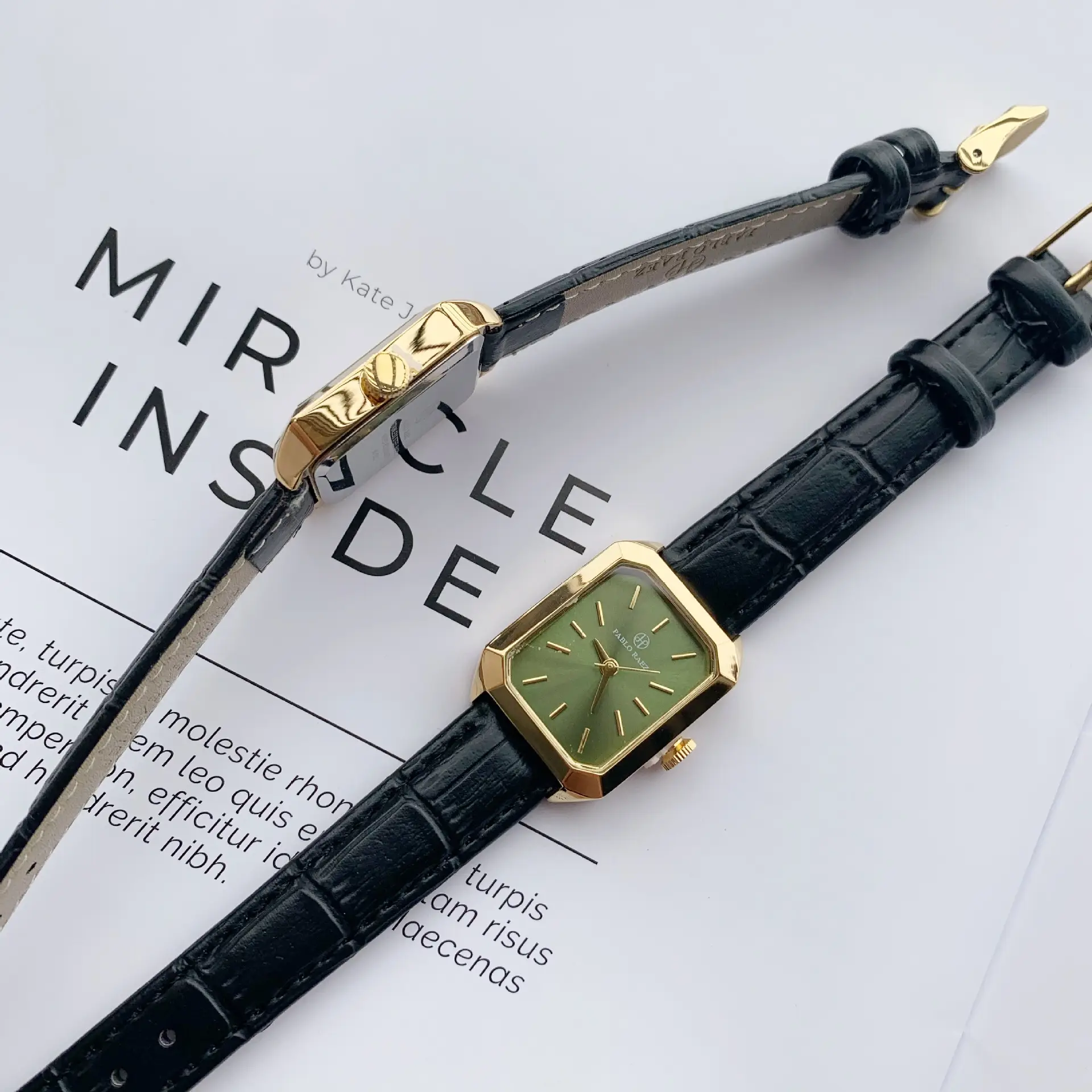Women's Black Leather Strap Gold Plated Square Watch — feature 20