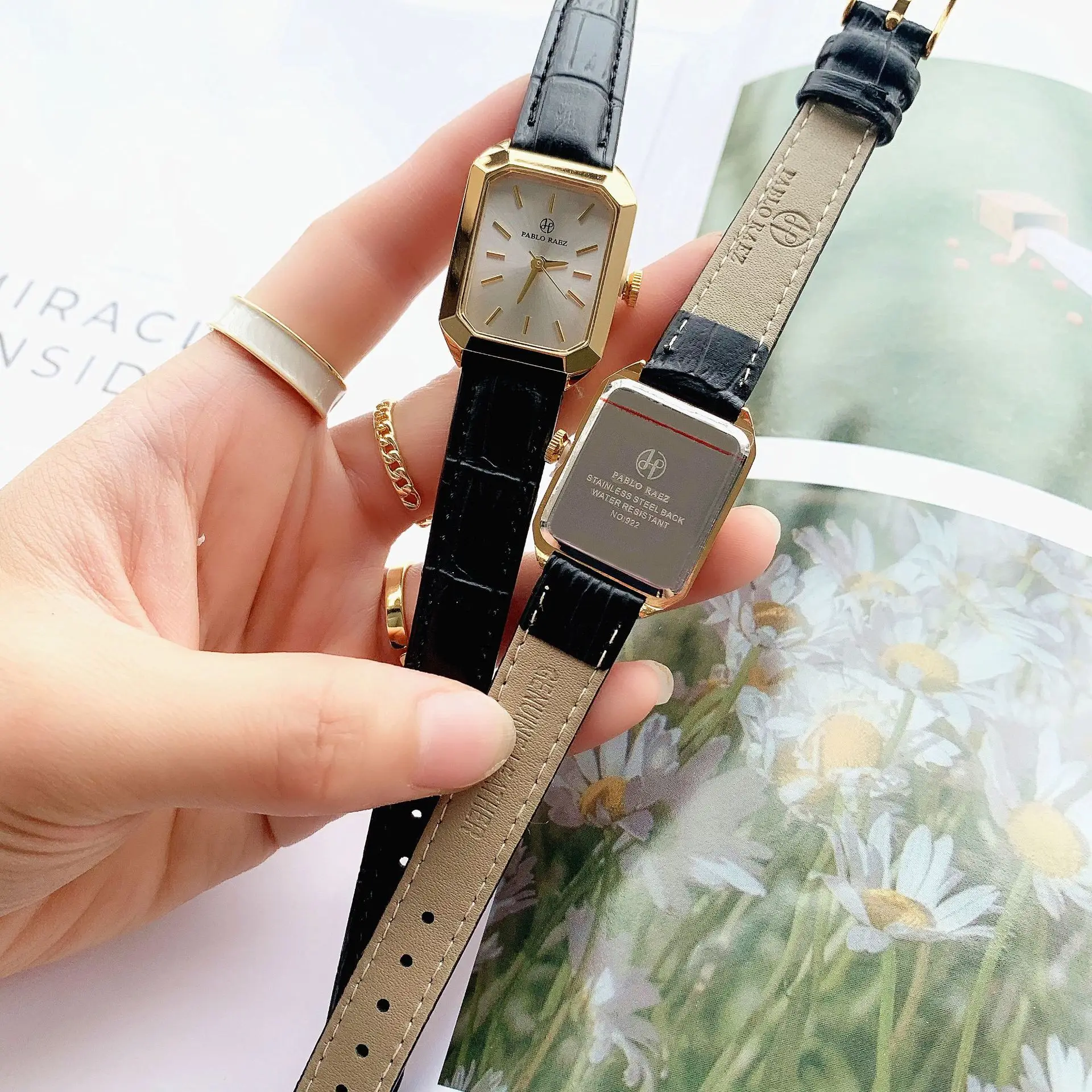 Women's Black Leather Strap Gold Plated Square Watch — feature 22