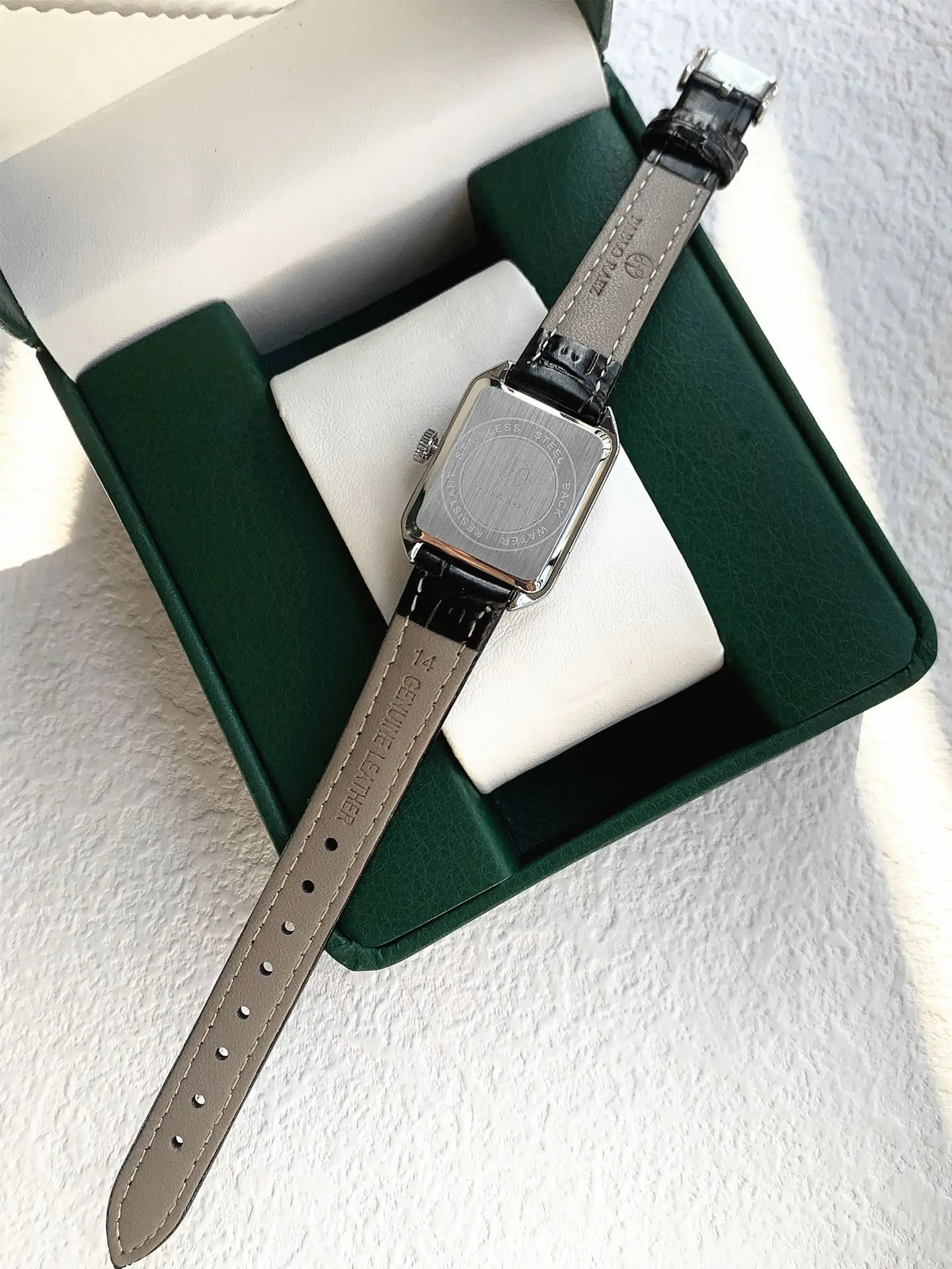 Women's Black Leather Strap Gold Plated Square Watch — feature 26