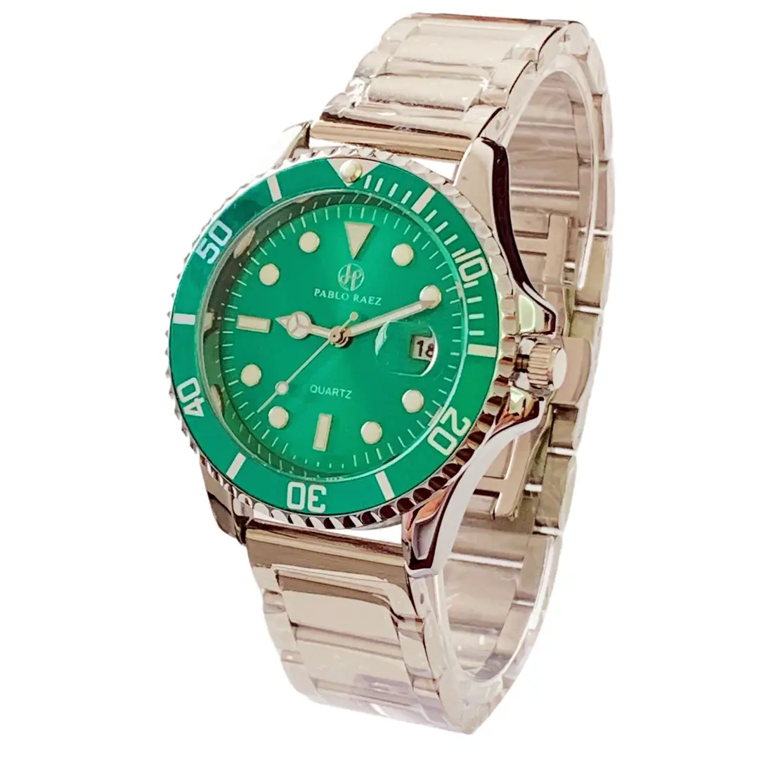 Men's Black Green Quartz Watch with Butterfly Buckle