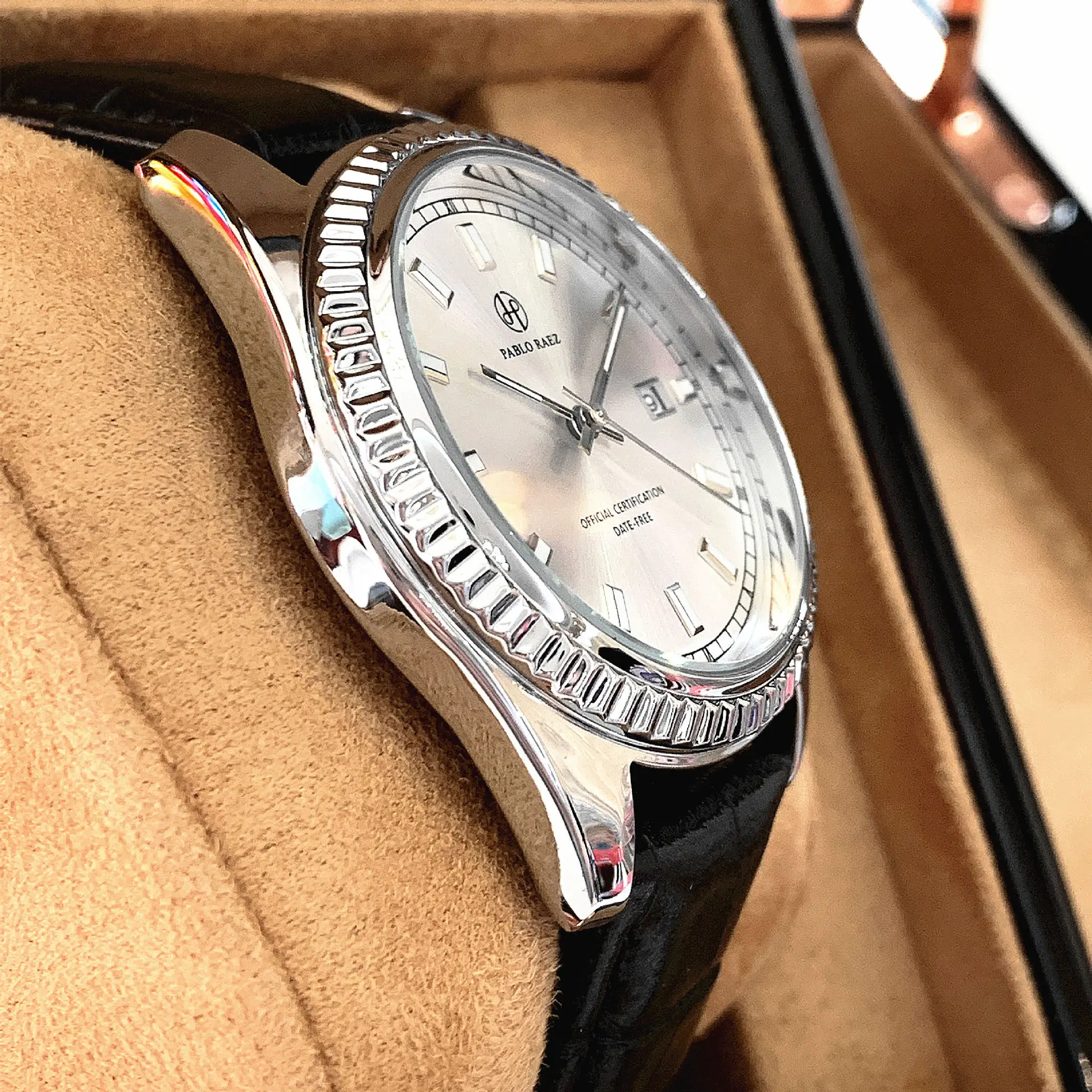 Men's Luminous Brown Leather Watch with Date Display — feature 16