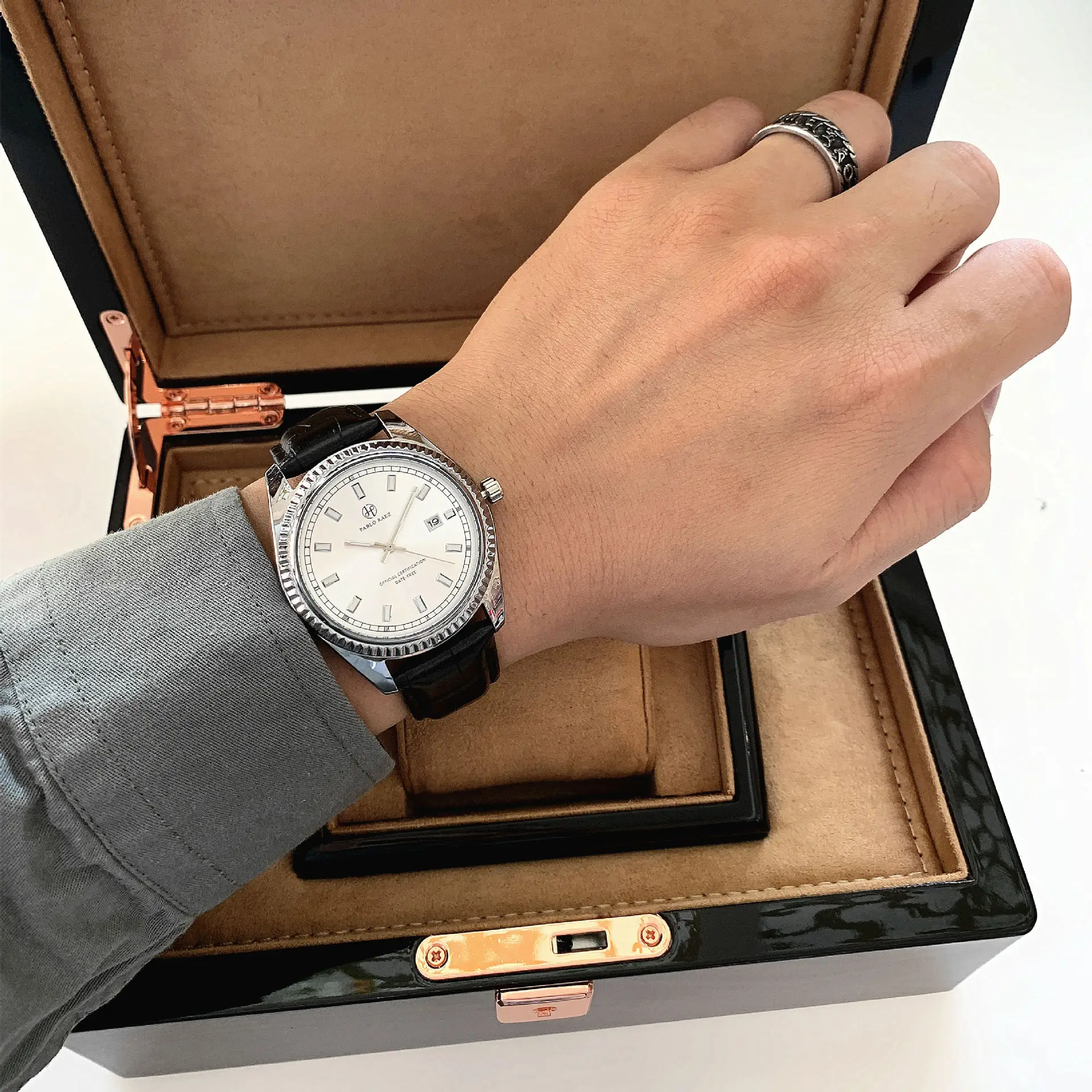 Men's Luminous Brown Leather Watch with Date Display — feature 19