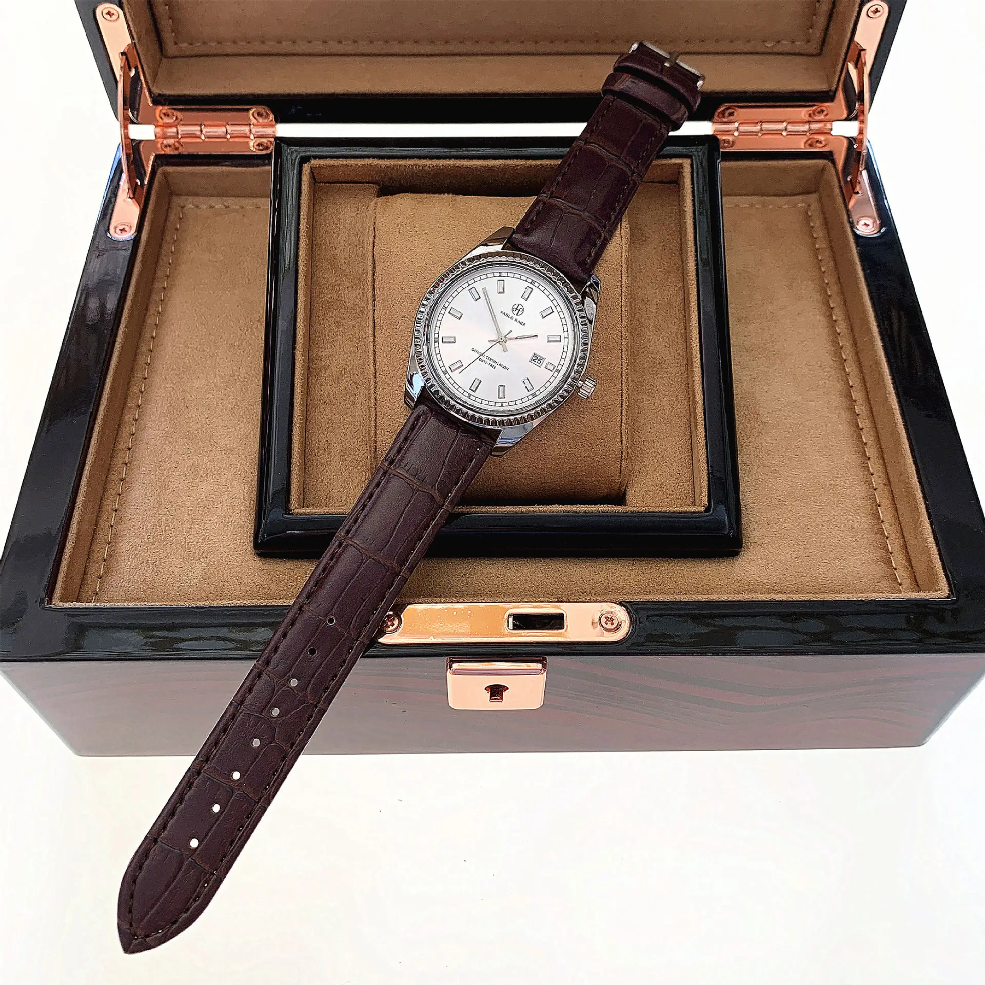 Men's Luminous Brown Leather Watch with Date Display — feature 27