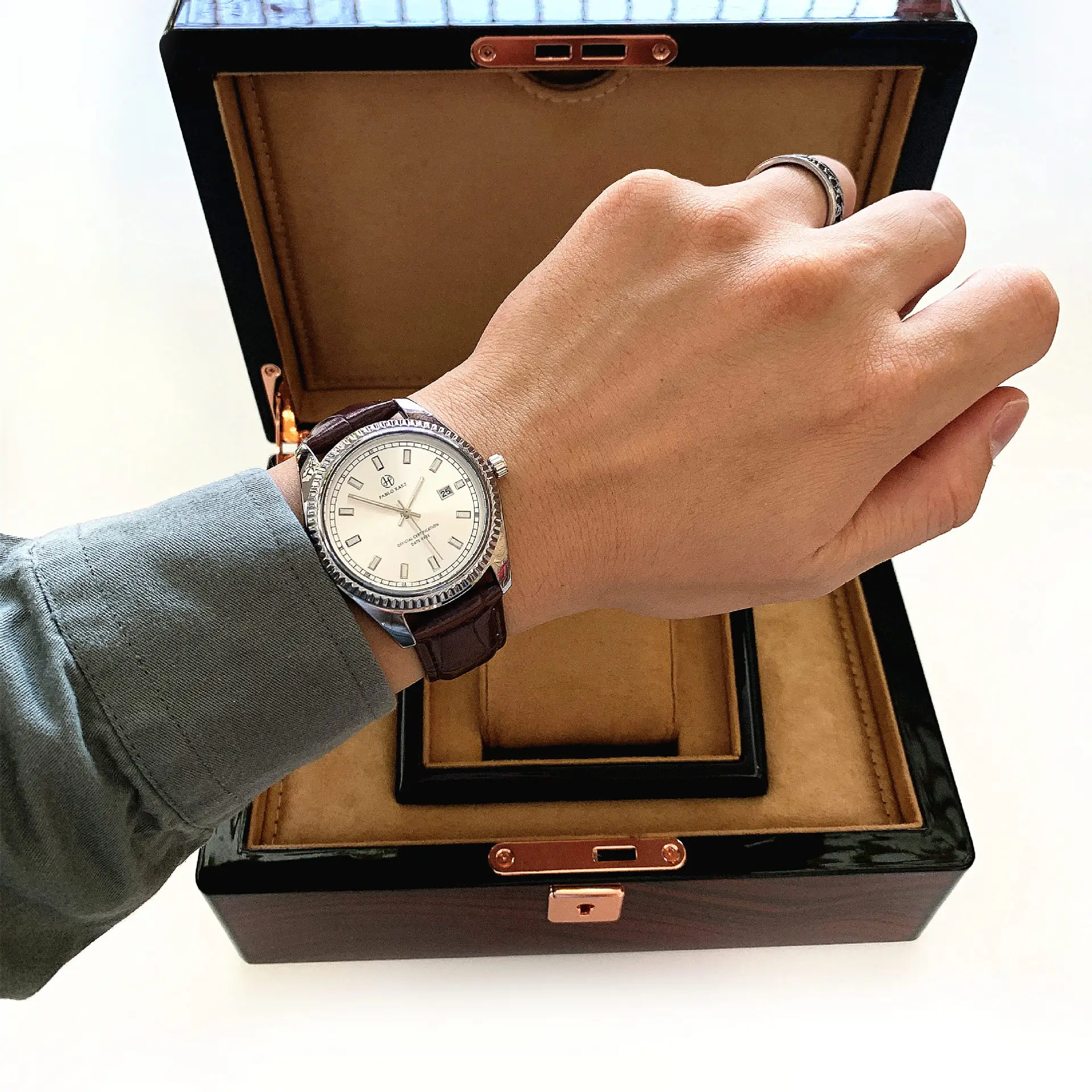 Men's Luminous Brown Leather Watch with Date Display — feature 29