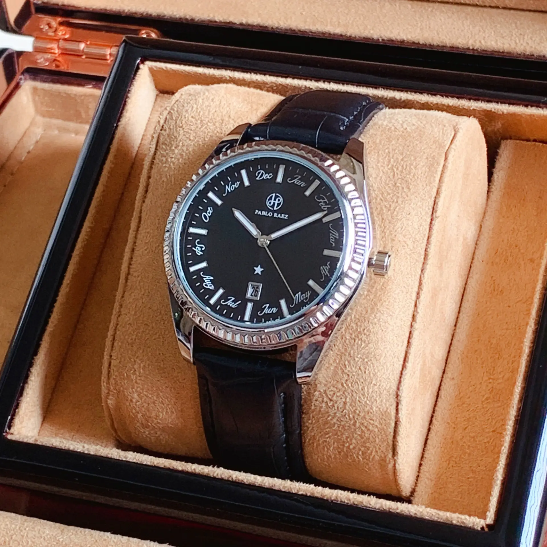 Men's Luminous Brown Leather Watch with Date Display — feature 32