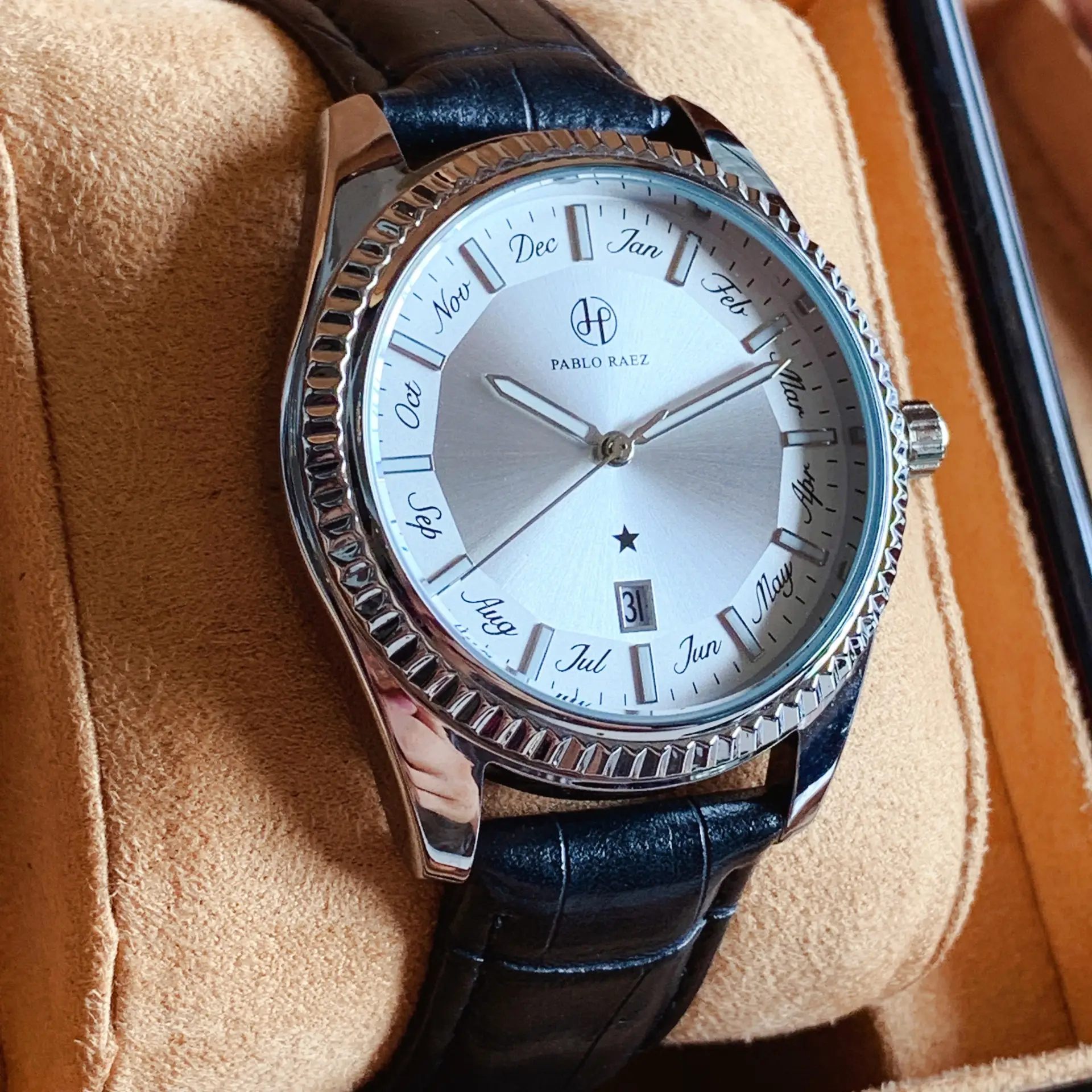 Men's Luminous Brown Leather Watch with Date Display — feature 36