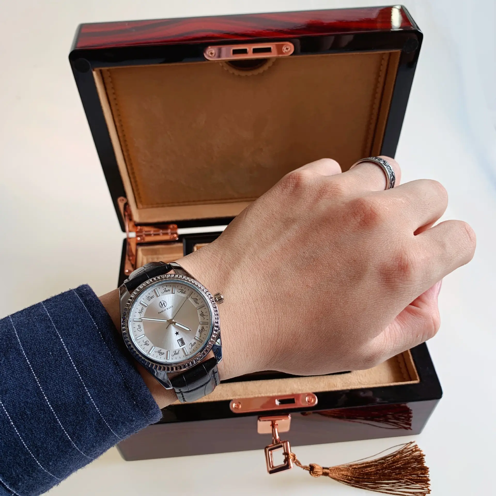 Men's Luminous Brown Leather Watch with Date Display — feature 37