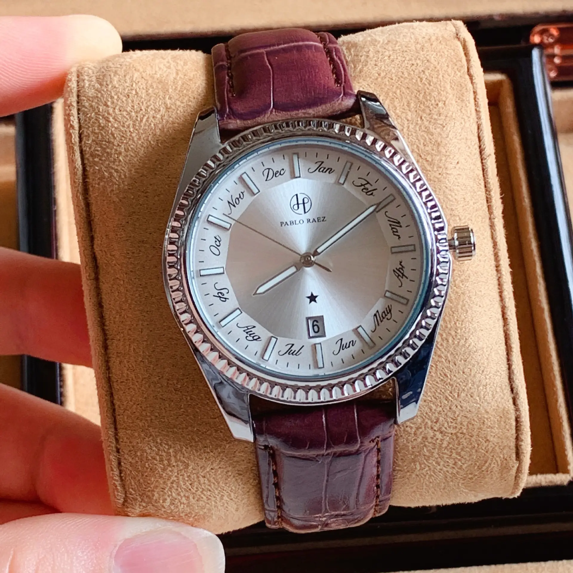 Men's Luminous Brown Leather Watch with Date Display — feature 38