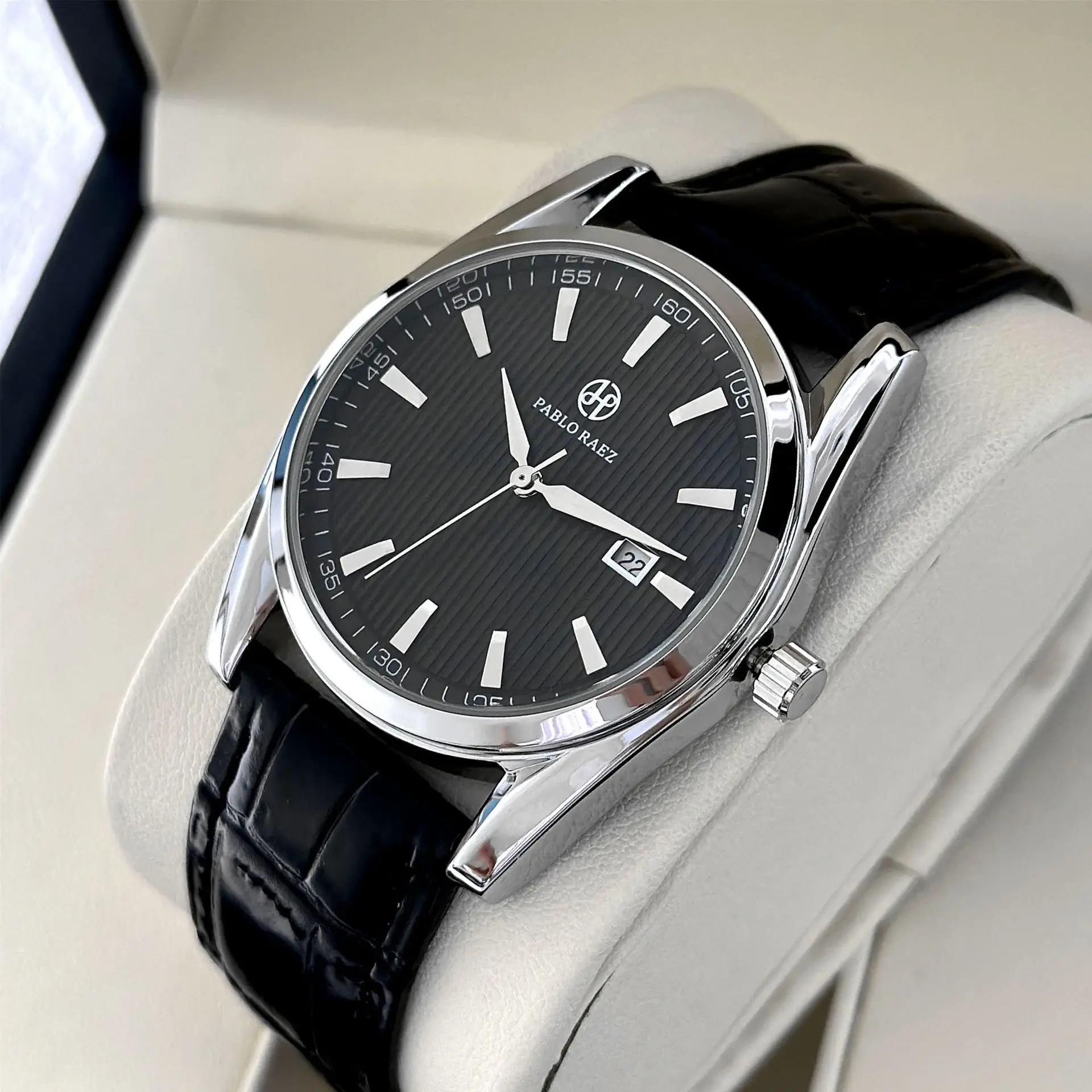 Men's Waterproof Black Dial Analog Watch with Leather Strap - Image 5